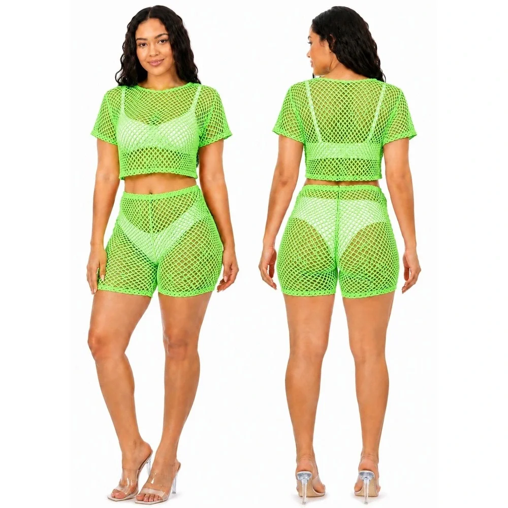 American Leisure Womens Neon Green Mesh Two Piece Set Crop Top Shorts Small NWT